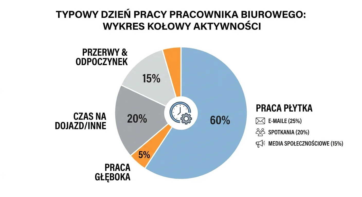 Infografika przedstawiająca kołowy wykres dnia pracy typowego pracownika biurowego, z wyraźnie zaznaczonymi segmentami dla pracy płytkiej (e-maile, spotkania, media społecznościowe) i bardzo małym wycinkiem dla pracy głębokiej.