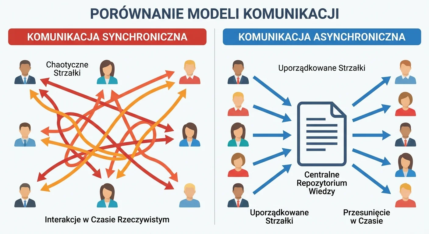 Stylizowany schemat porównujący dwa modele komunikacji. Po lewej stronie Komunikacja Synchroniczna z chaotycznymi, przecinającymi się strzałkami między ludźmi. Po prawej stronie Komunikacja Asynchroniczna z uporządkowanymi, jednokierunkowymi strzałkami prowadzącymi do centralnego repozytorium wiedzy (np. dokumentu), a stamtąd do poszczególnych osób.