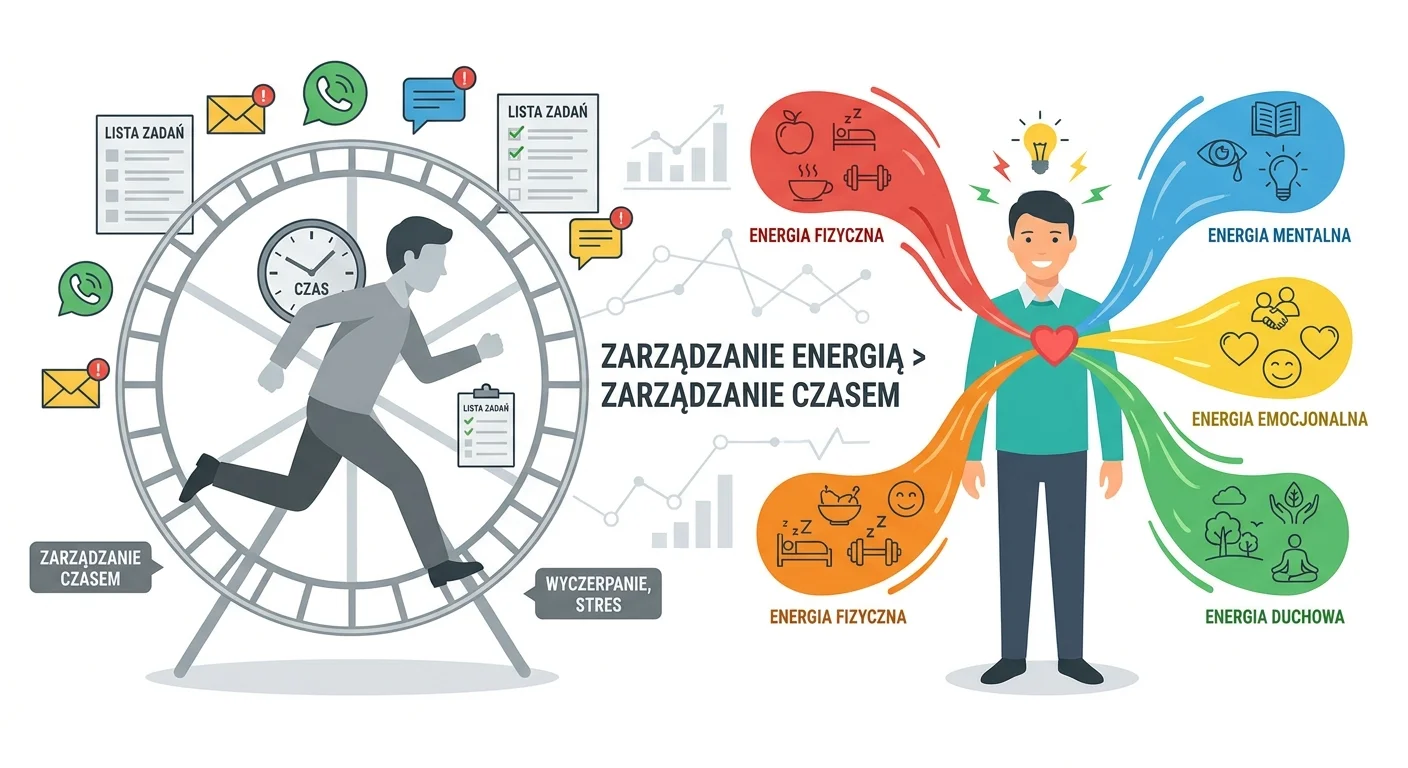 Ilustracja przedstawiająca dwie postacie. Jedna, w szarych barwach, biegnie w kołowrotku chomika z zegarem na plecach, otoczona ikonami powiadomień i listami zadań. Druga, w żywych kolorach, stoi spokojnie, a z jej serca i głowy emanują cztery kolorowe strumienie energii: fizycznej, mentalnej, emocjonalnej i duchowej.